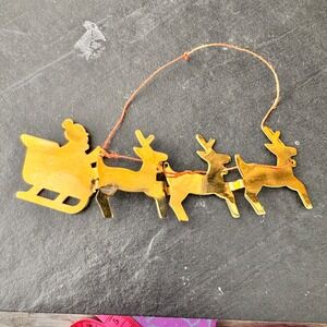 1988 Hallmark Santa Sleigh Reindeer Ornament Decoration Gold Tone Hanging